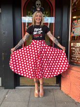 Load image into Gallery viewer, Vintage red + white polka dot midi skirt
