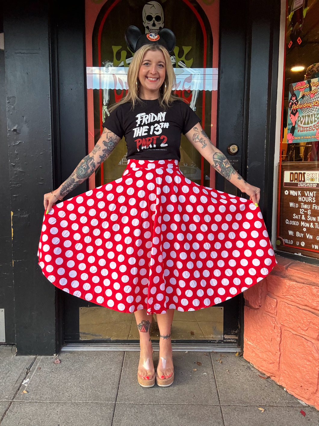 Vintage red + white polka dot midi skirt