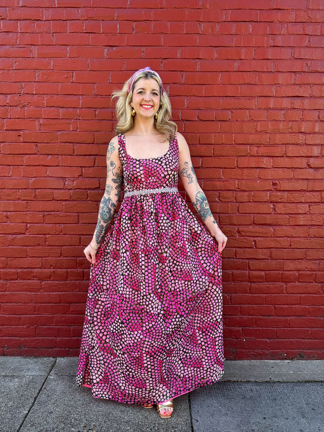 Vintage 70s pink + rhinestone maxi dress