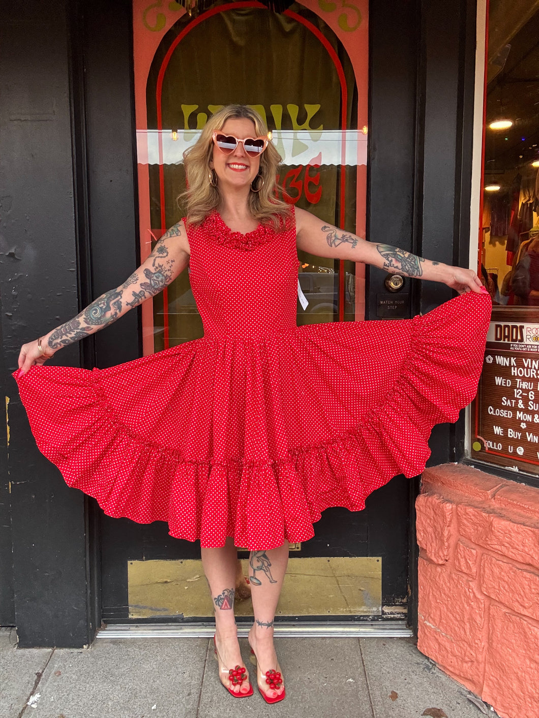 Vintage 60s red + white ruffle dress