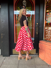 Load image into Gallery viewer, Vintage red + white polka dot midi skirt
