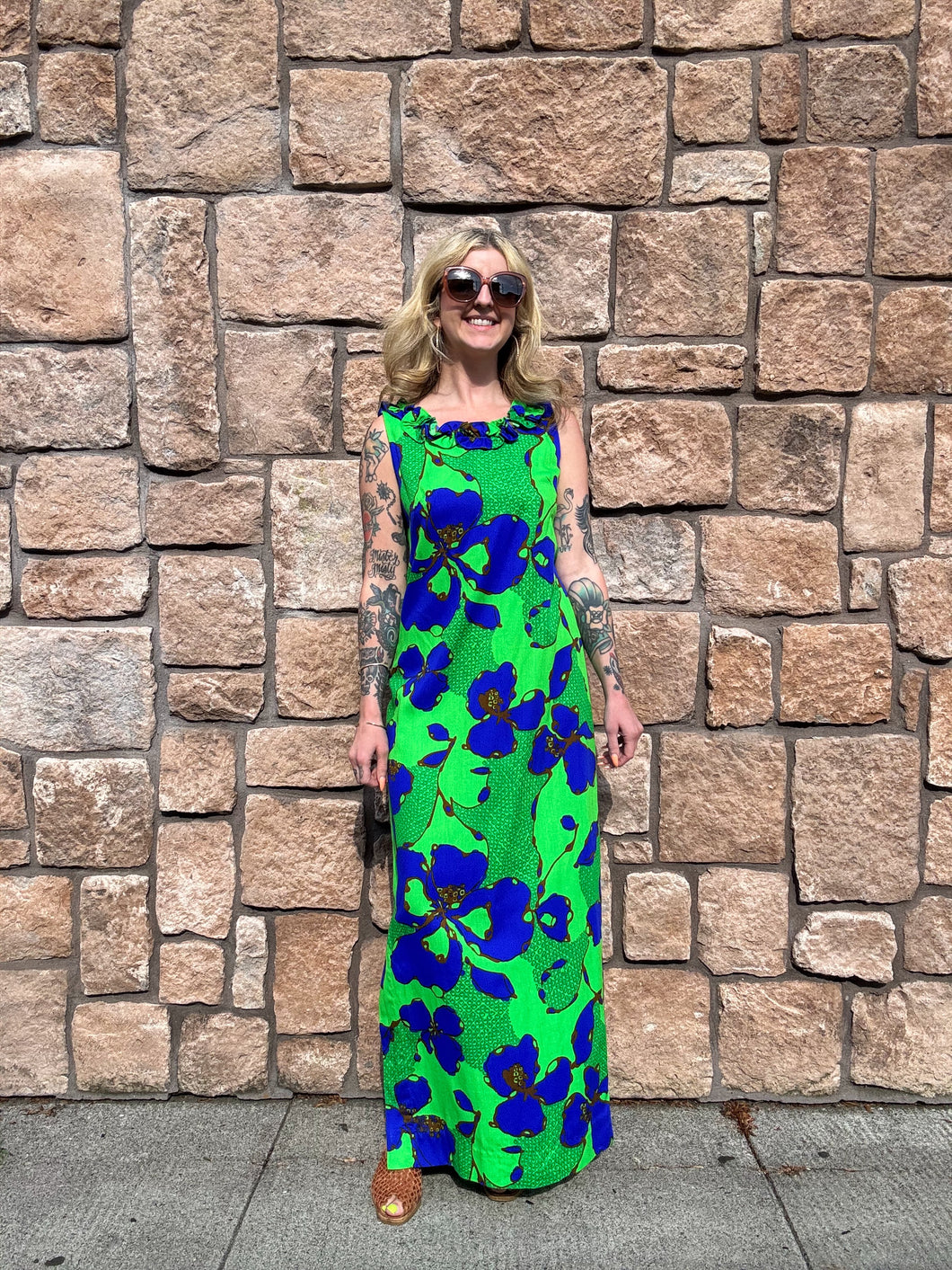 Vintage 60s/70s blue + green aloha maxi dress