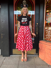 Load image into Gallery viewer, Vintage red + white polka dot midi skirt
