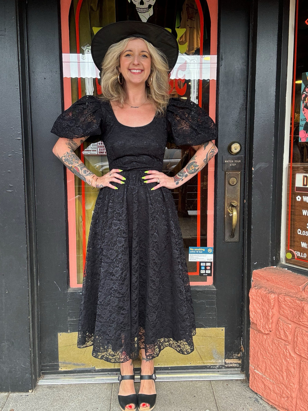 Vintage 80s black lace scoop back midi dress