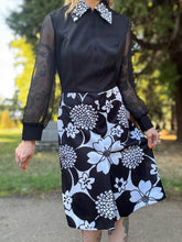 Load image into Gallery viewer, Vintage 60s/70s black and white floral dress sheer sleeves
