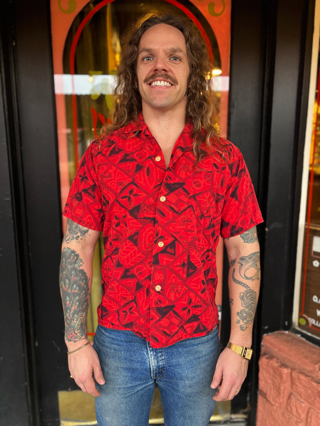 Vintage red and black aloha shirt