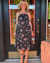 Load image into Gallery viewer, 70s tiered black + pink floral prairie dress
