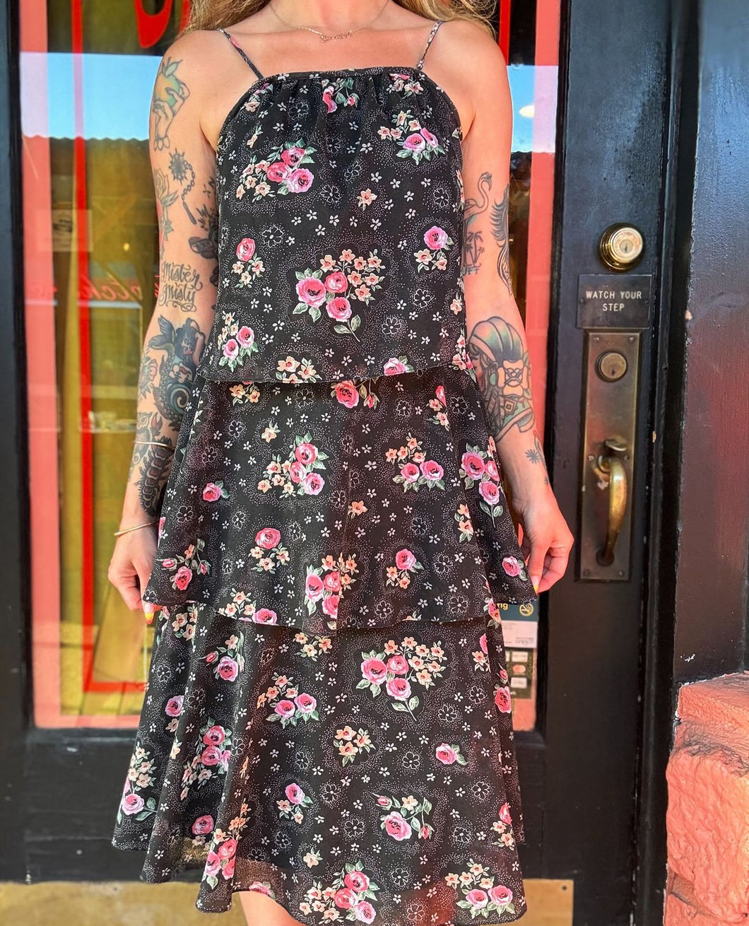 70s tiered black + pink floral prairie dress